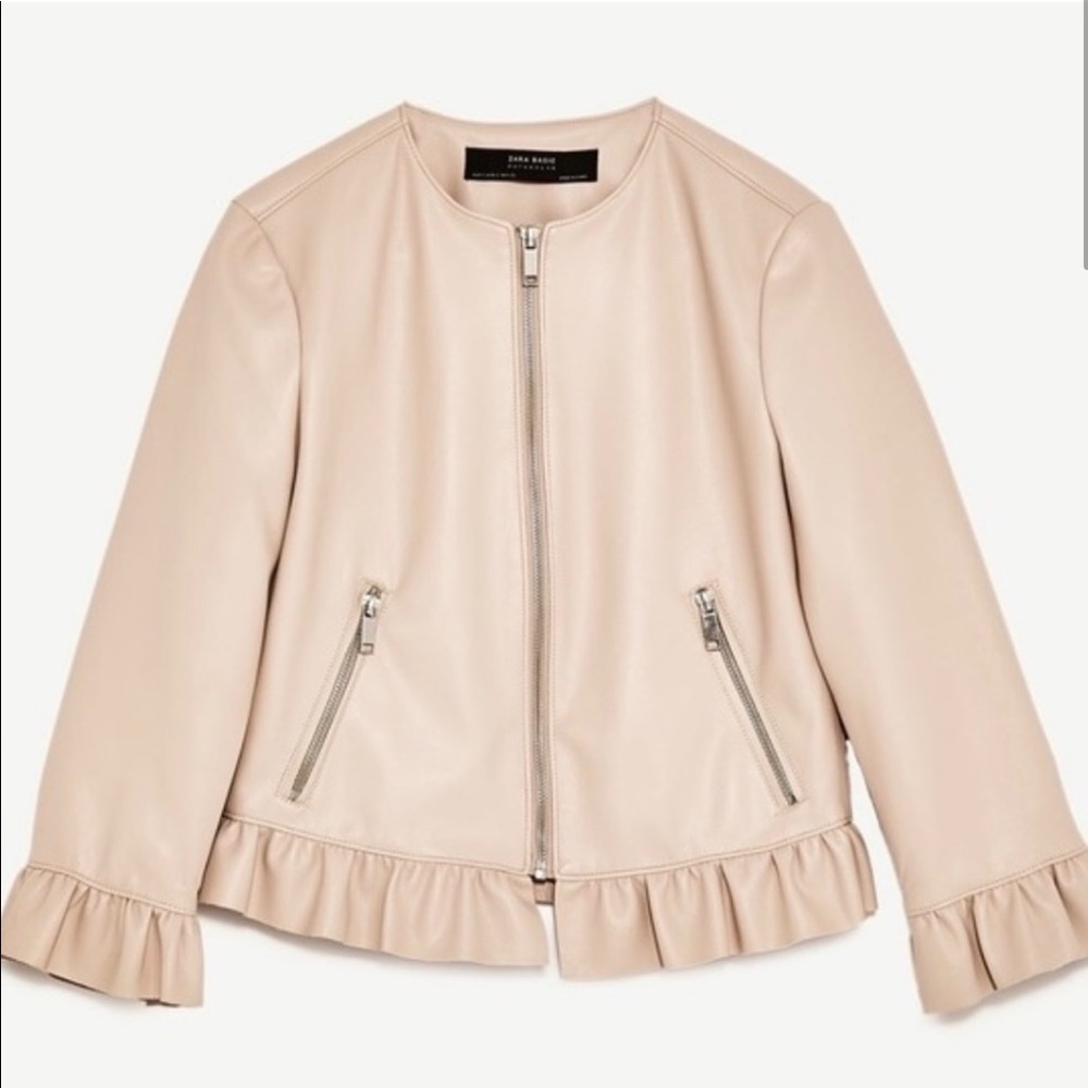 Zara Faux Leather jacket with frills in blush XS